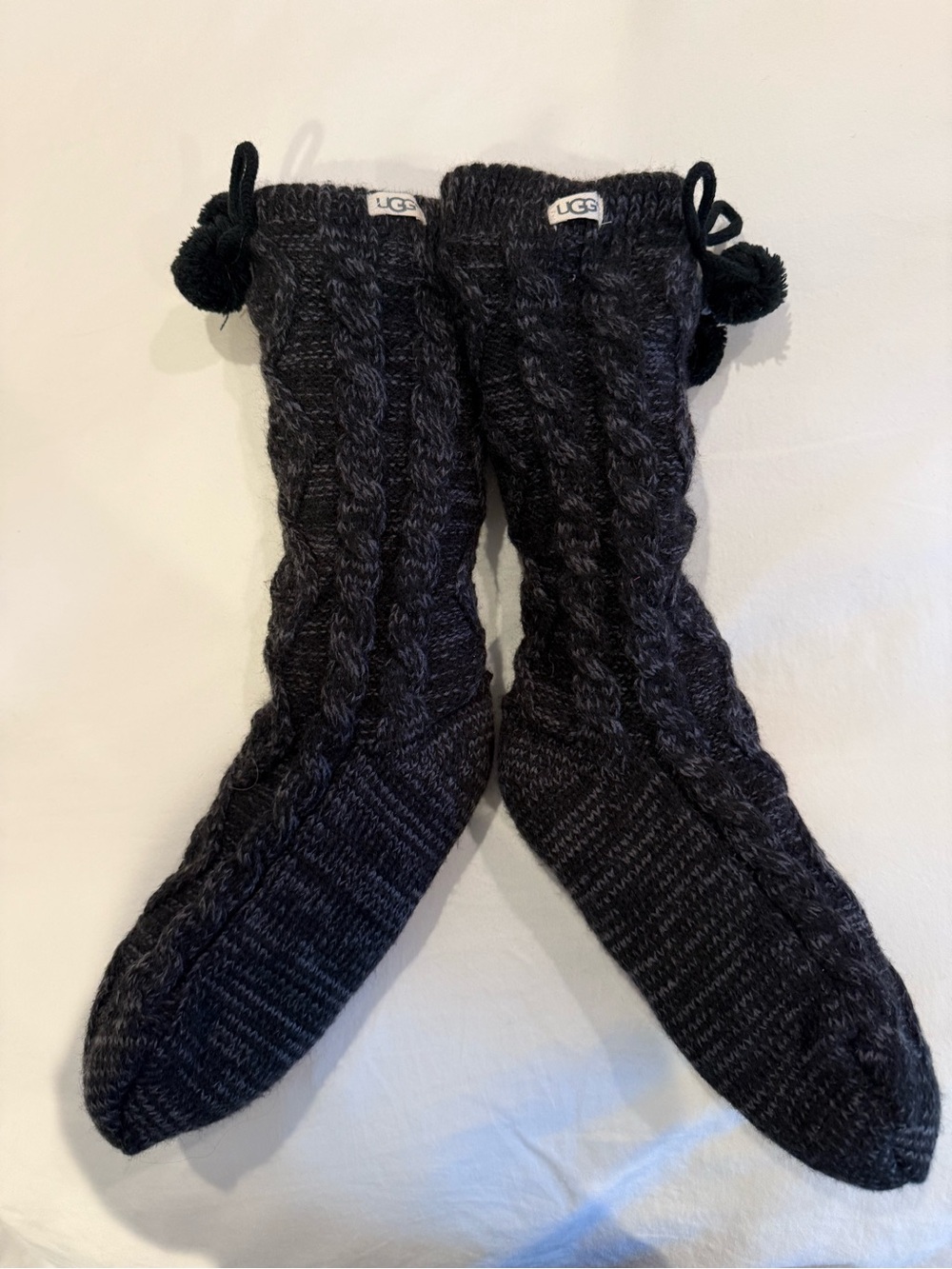 UGG Fleece-Lined Cable-Knit Pom Slipper Socks - Black